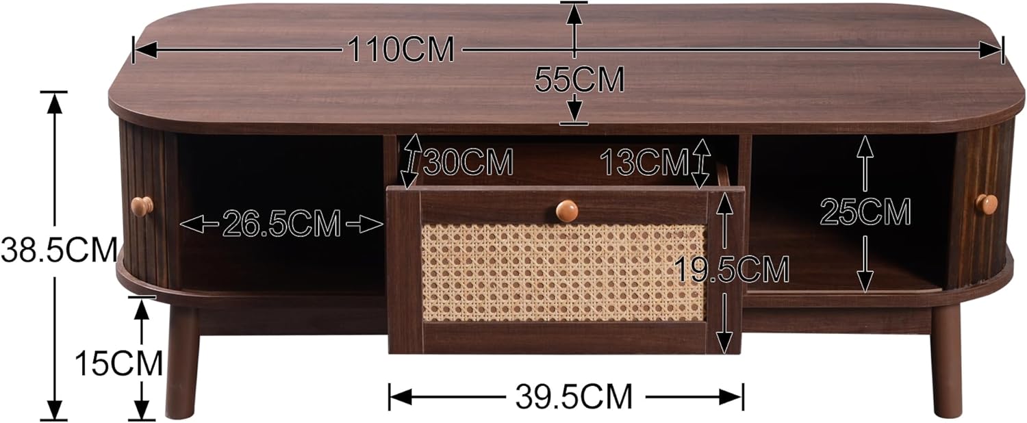 Merax Couchtisch Niedriger, Moderner Kaffeetisch mit Schubladen und Schiebetüren aus Massivholzplatten, Wohnzimmertisch mit Stauräume, Multifunktionaler Beistelltisch Sofatisch, Landhausstil, Braun