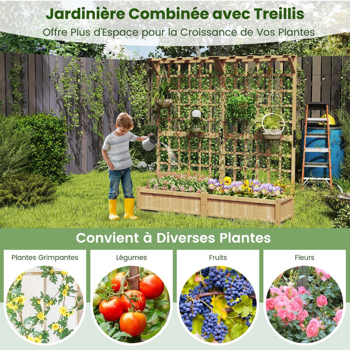 Jardinière avec 2 Treillis 2 Bacs Toit Suspendu en Bois Lit de Jardin Surélevé avec 4 Trous de Drainage 180 x 48 x 183 cm Orange