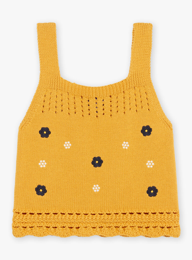 Top jaune moutarde en maille ajourée