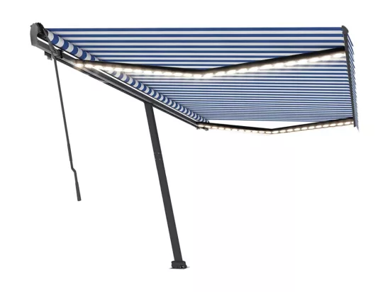 Auvent manuel rétractable avec LED 500x350 cm Bleu et blanc