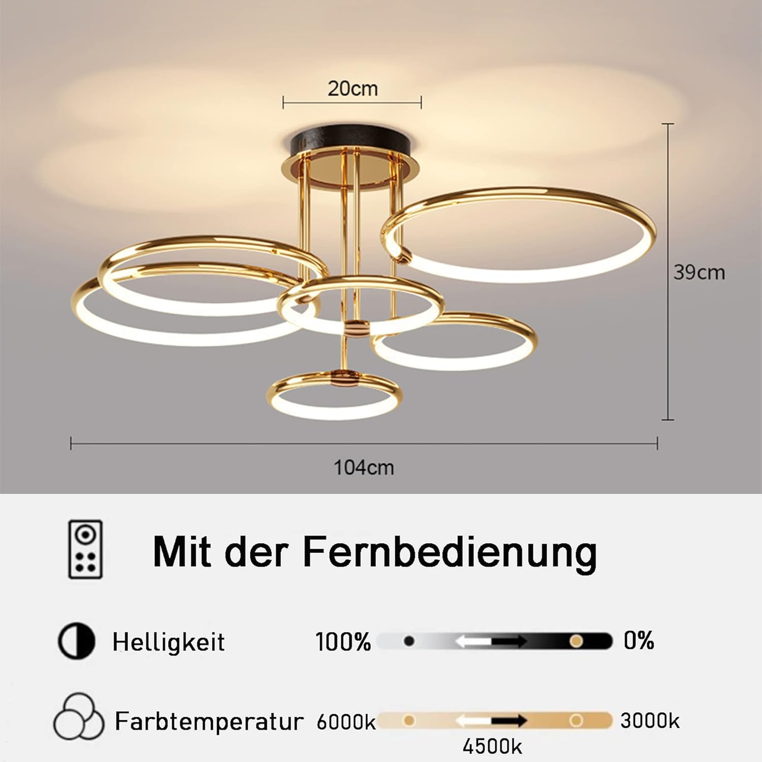 LED Deckenleuchte Modern Design Deckenlampen Gold 6-Ring Lampen Dimmbar Wohnzimmerlampe mit Fernbedienung, Aluminium Led Beleuchtung für Wohnzimmer Schlafzimmer Küche Esszimmer Büro 104cm, 140W…