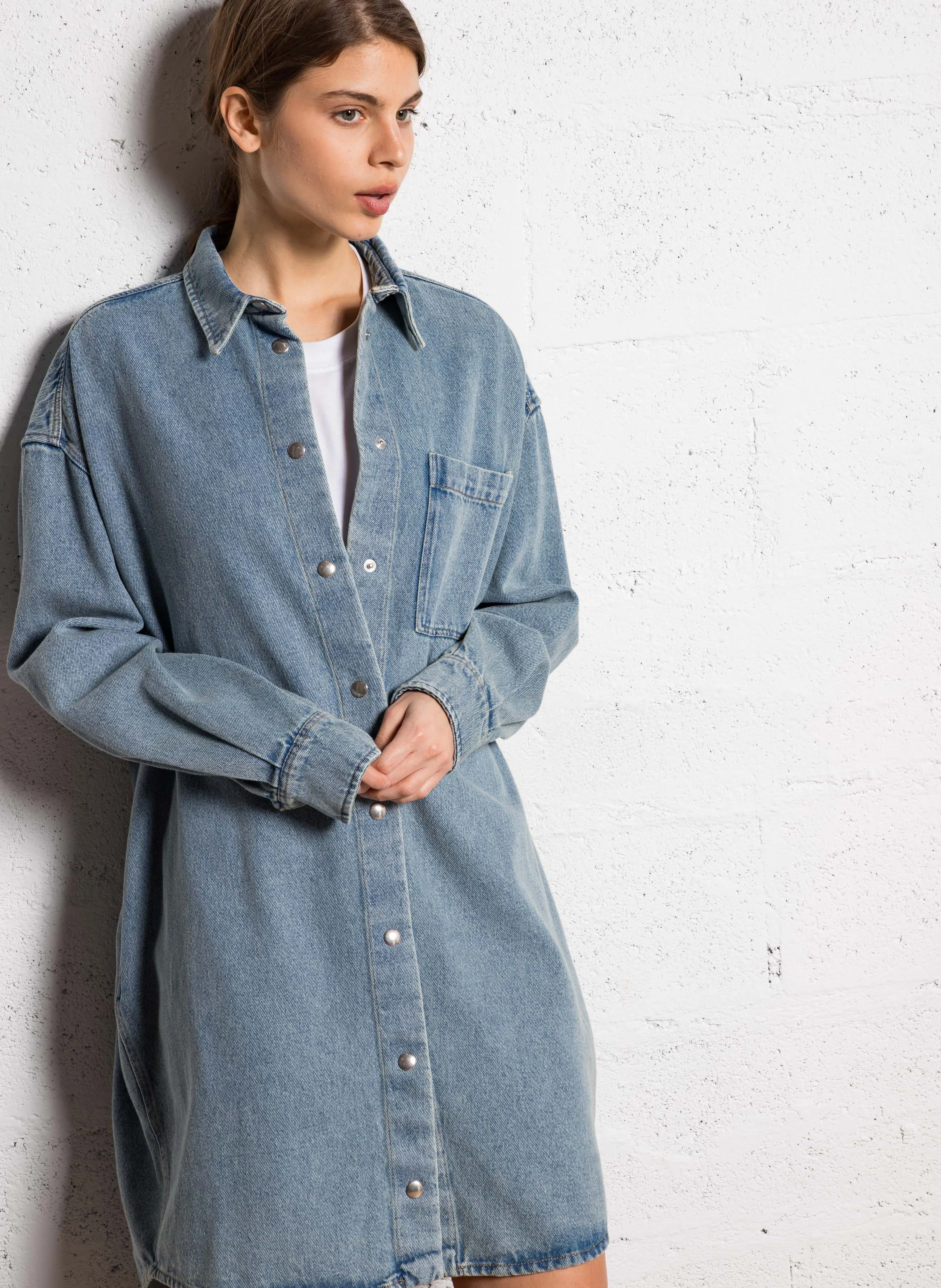 DENJI - Robe chemise courte en jean| Bleu