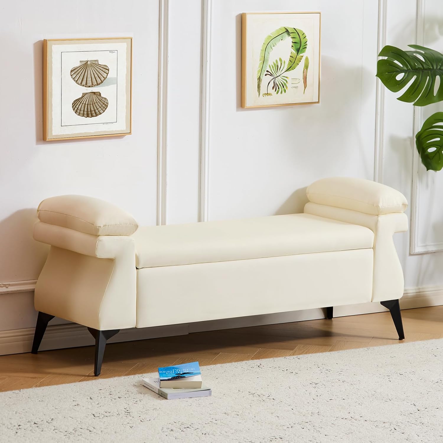 Sitzbank mit Stauraum 128cm, Große Aufbewahrungsbank mit Kissen, Fußbank, Bettbank, Sitztruhe mit Armlehnen aus PU-Kunstleder für Wohnzimmer Schlafzimmer Flur, Schuhbank, Beige