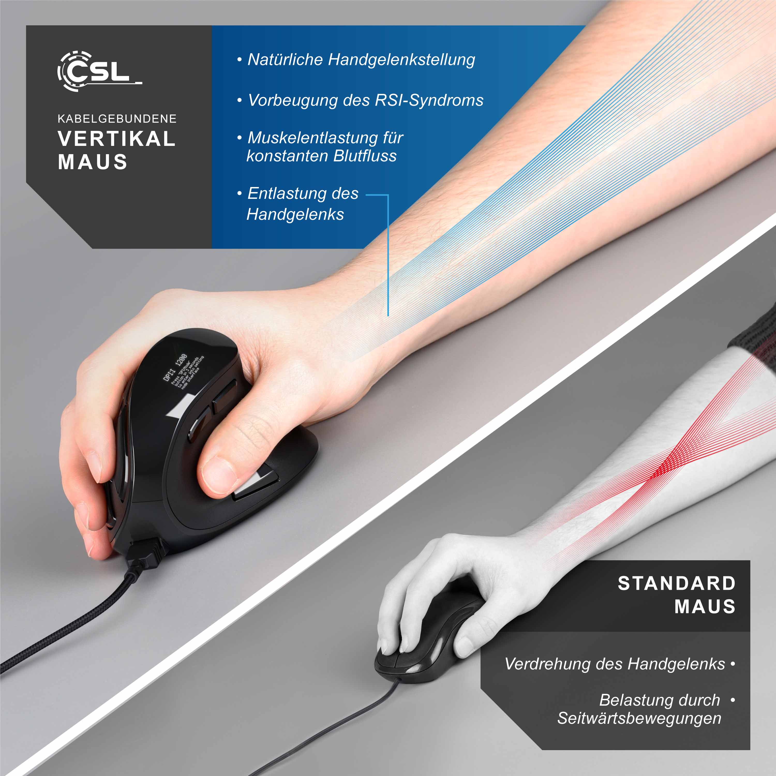 CSL ergonomische Maus kabelgebunden, 125 dpi, Vertikal Maus mit OLED-Display Konfigurierbare Tasten
