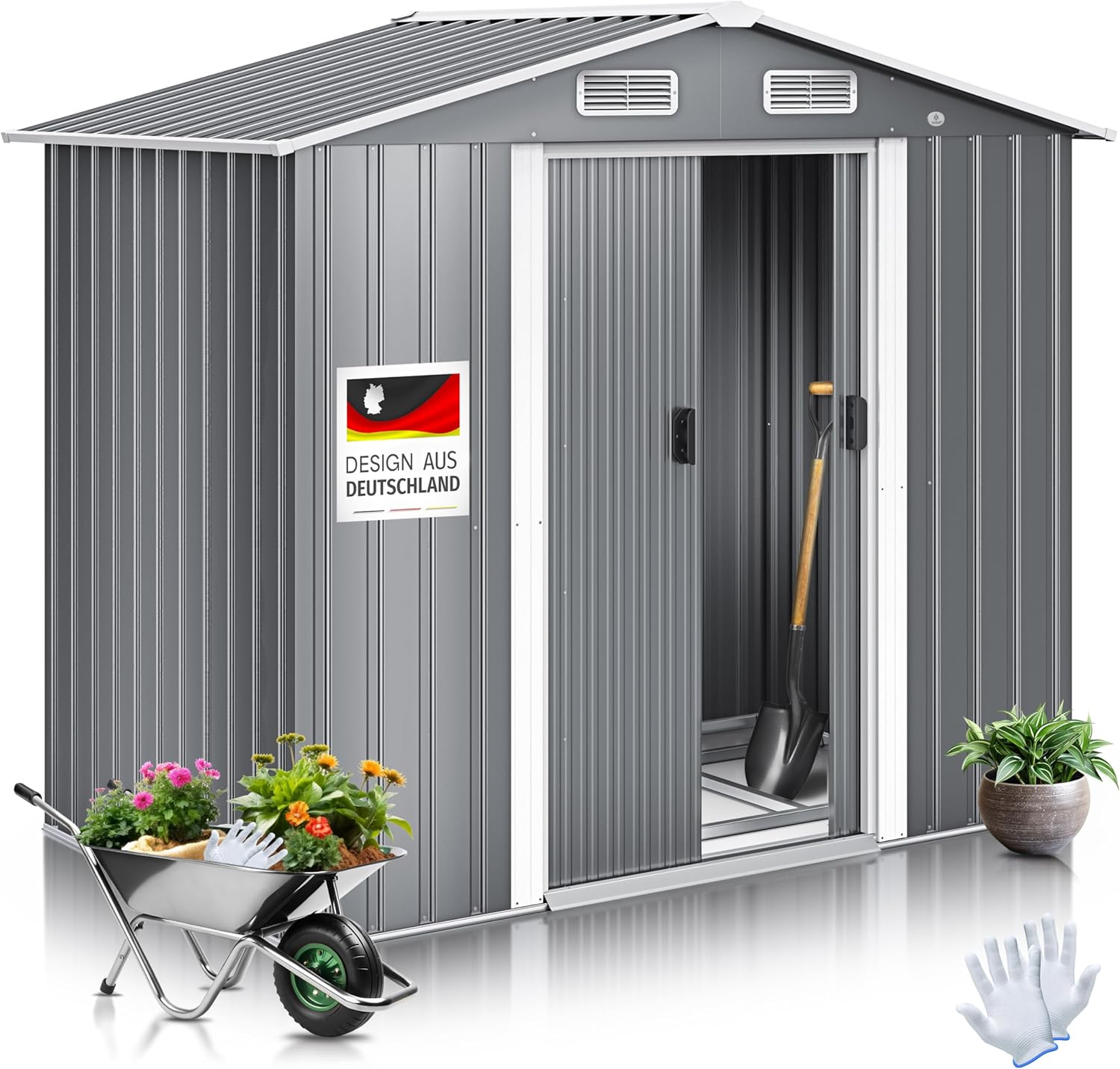 KESSER® XL Metall Gerätehaus 4,2m³ mit Fundament | Inkl. Arbeitshandschuhe | 195x131x186cm | 2X Schiebetür & Fundament | Geräteschuppen | Gartenhaus Schrank | Satteldachdach Garten Schuppen Grau