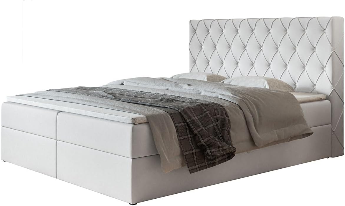 Boxspringbett Boston mit 2 Bettkästen, Polsterbett Maße: 140x200, Farbe: Weiß, Kunstleder, Doppelbett mit Bonell-Matratze
