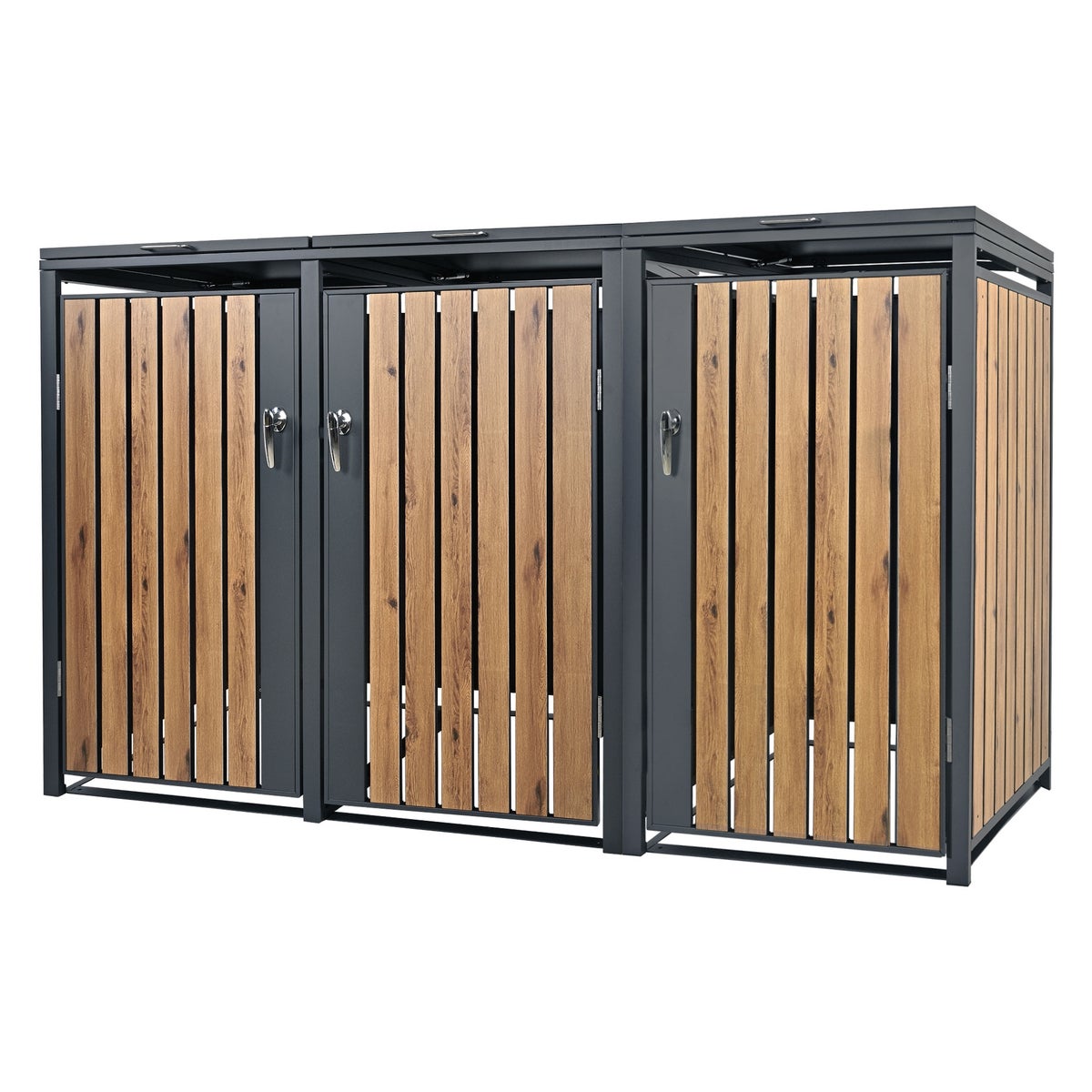 ML-Design 3-baks afvalcontainer, 3 bakken, 240L per stuk, 200x80x116,3cm, antraciet eiken look, staal, weerbestendig/afsluitbaar, afvalbakbehuizing met klapdeksel/3 deuren, afvalbakbox, afvalbakcontainer, afvalbakdeksel