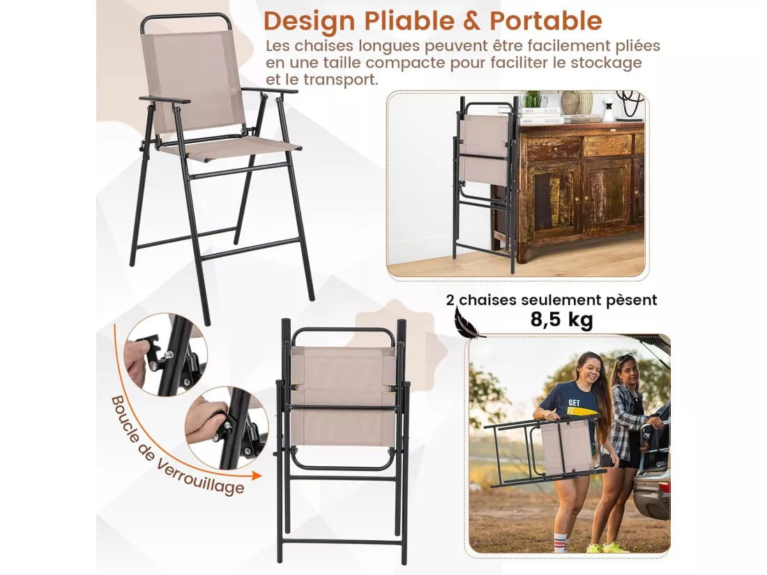 Lot de 2 Chaises de Jardin Pliantes avec Accoudoirs, Chaises d'Extérieur à Dossier Haut avec Cadre en Métal, Fauteuil de Jardin en Teslin Respirant pour Toutes Saisons, Charge 150KG(Beige)