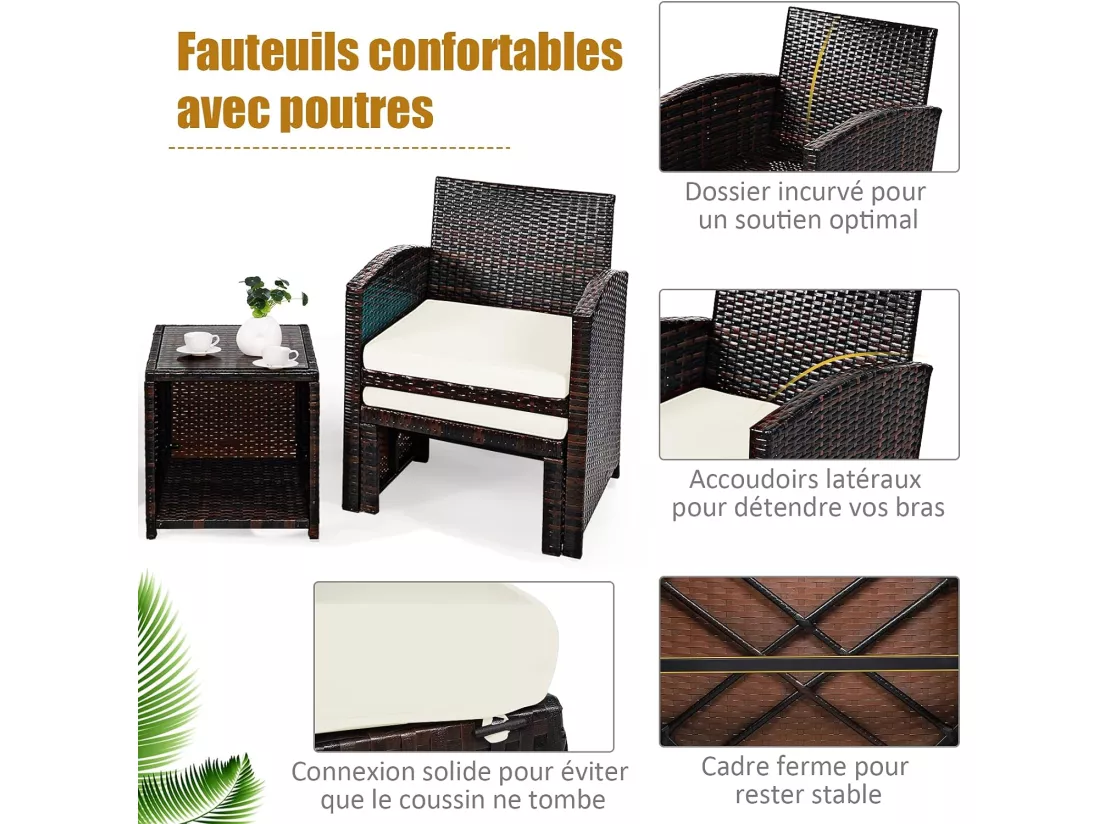 Ensemble Meuble de Salon 5PCS, Salon de Jardin en Rotin et fibre naturelle PE pour Véranda, Patio, Balcon,Piscine Terrasse, Blanc
