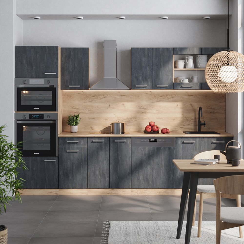Vicco Küchenzeile R-Line 300 cm Schwarz Beton Eiche ohne Arbeitsplatte