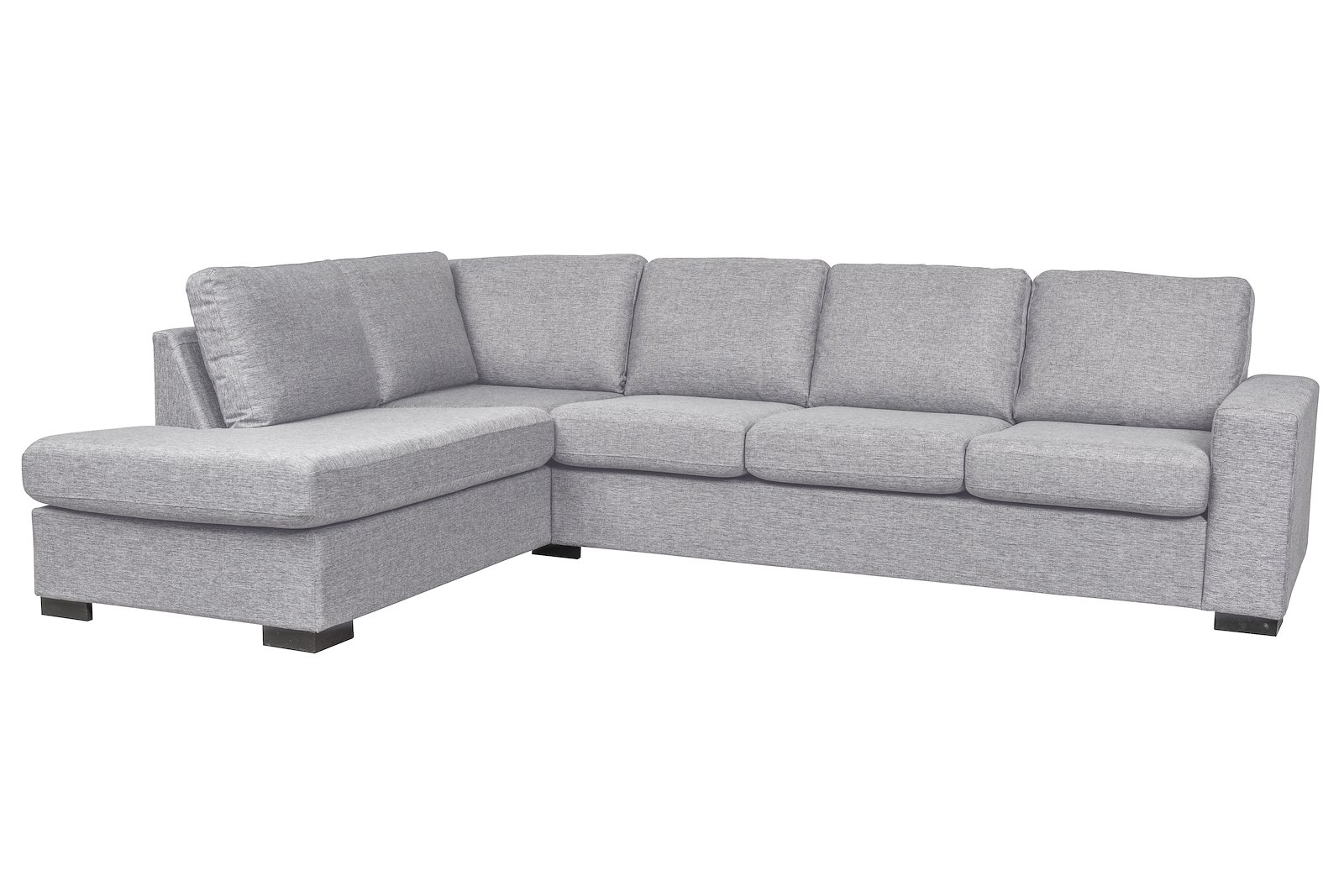 Max sofa 3-seter med hjørne og åpen ende venstre i tekstil Rocco 281 mørk grå og med sorte ben