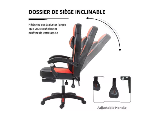 Fauteuil de gaming réglable avec repose-pied, coussin de tête et coussin lombaire - noir et rouge
