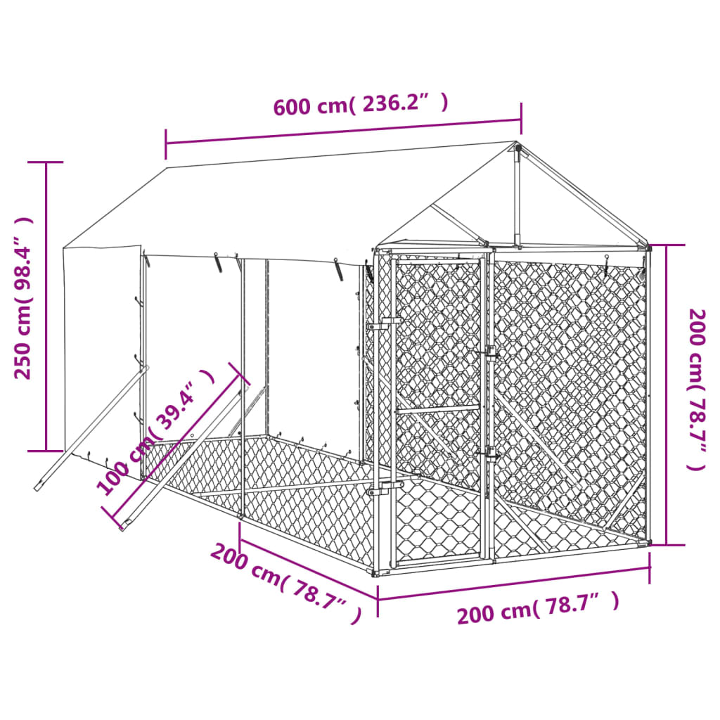 Canil externo para cães vidaXL com cobertura, aço galvanizado, prata, 2x10x2,5m