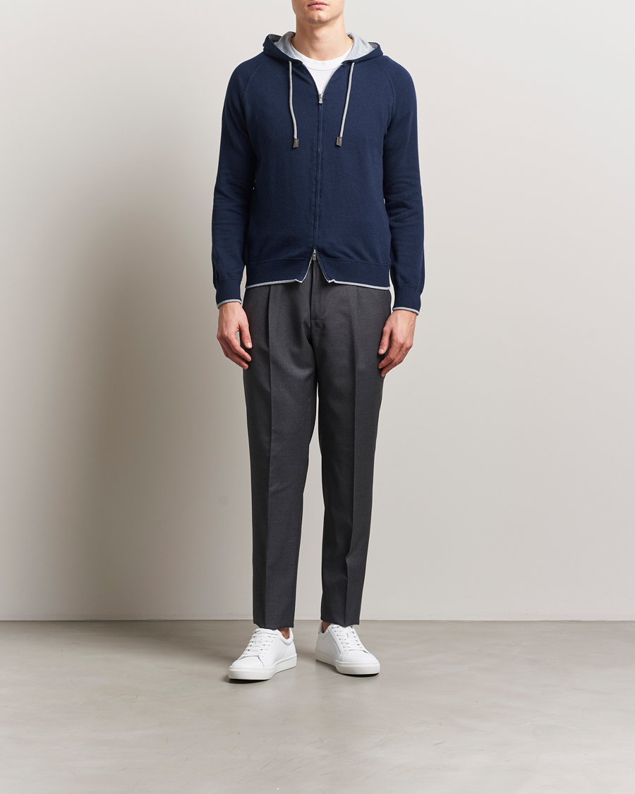 Gran Sasso Cotton/Cashmere Knitted Hooded Full Zip Navy