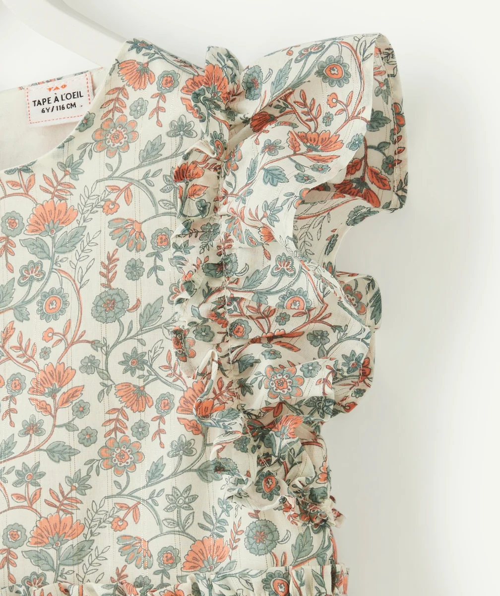 ROBE LONGUE ÉCRUE À VOLANTS FILLE IMPRIMÉ FLEURI ET LISERÉS COULEUR DORÉE