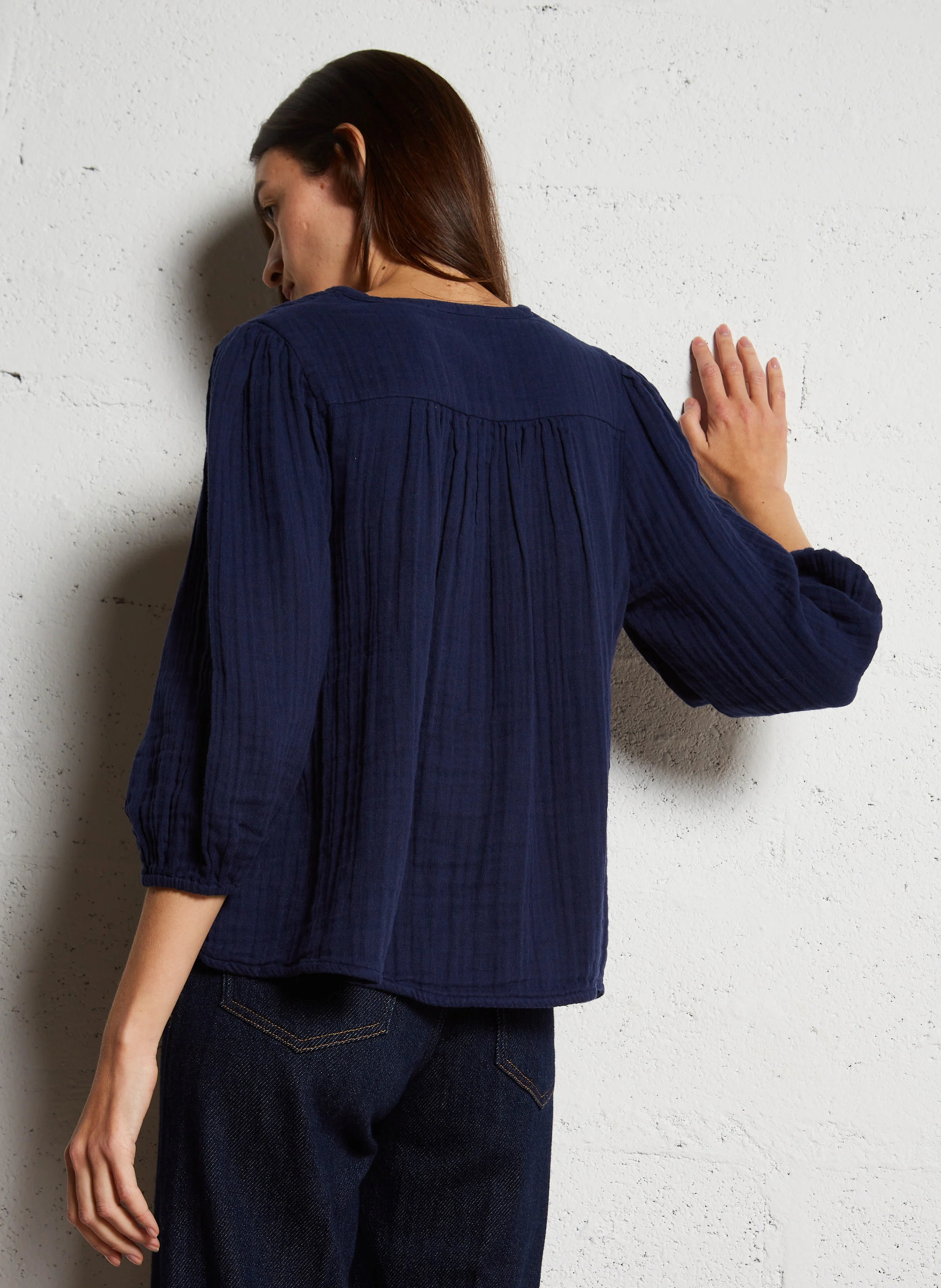 COMBO - Blouse ample col V en coton bio | Bleu