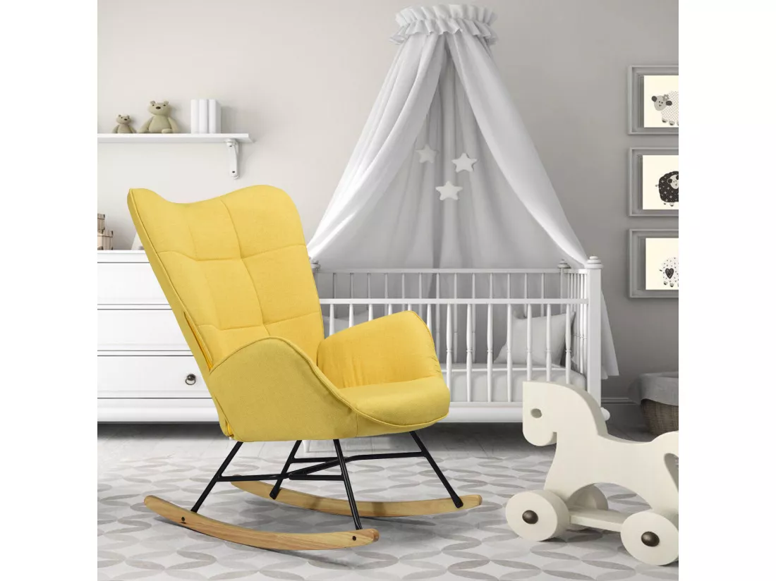 Fauteuil à Bascule Chaise Loisir et Repos Tissus Jaune pour le Salon Salle à Manger Pieds e' Bois Métal KELAN YELLOW, Jaune /69x84x97cm