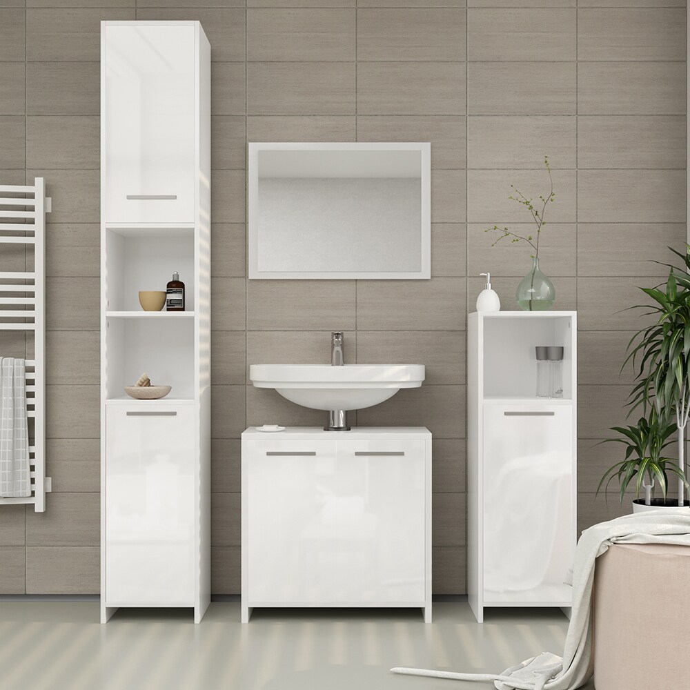 Vicco Badmöbel Set Kiko Badezimmer Spiegel Kommode Unterschrank Weiß / Weiß Hochglanz