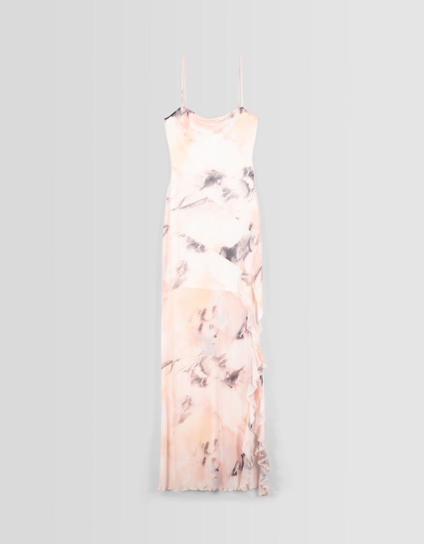 Vestido midi de tule estampado com babados e alças.