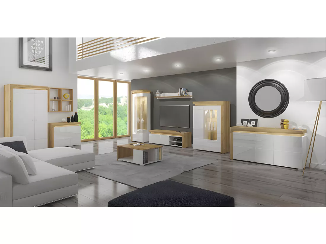 Vaisselier 2 portes droite LED inclus Teo Blanc et Bois