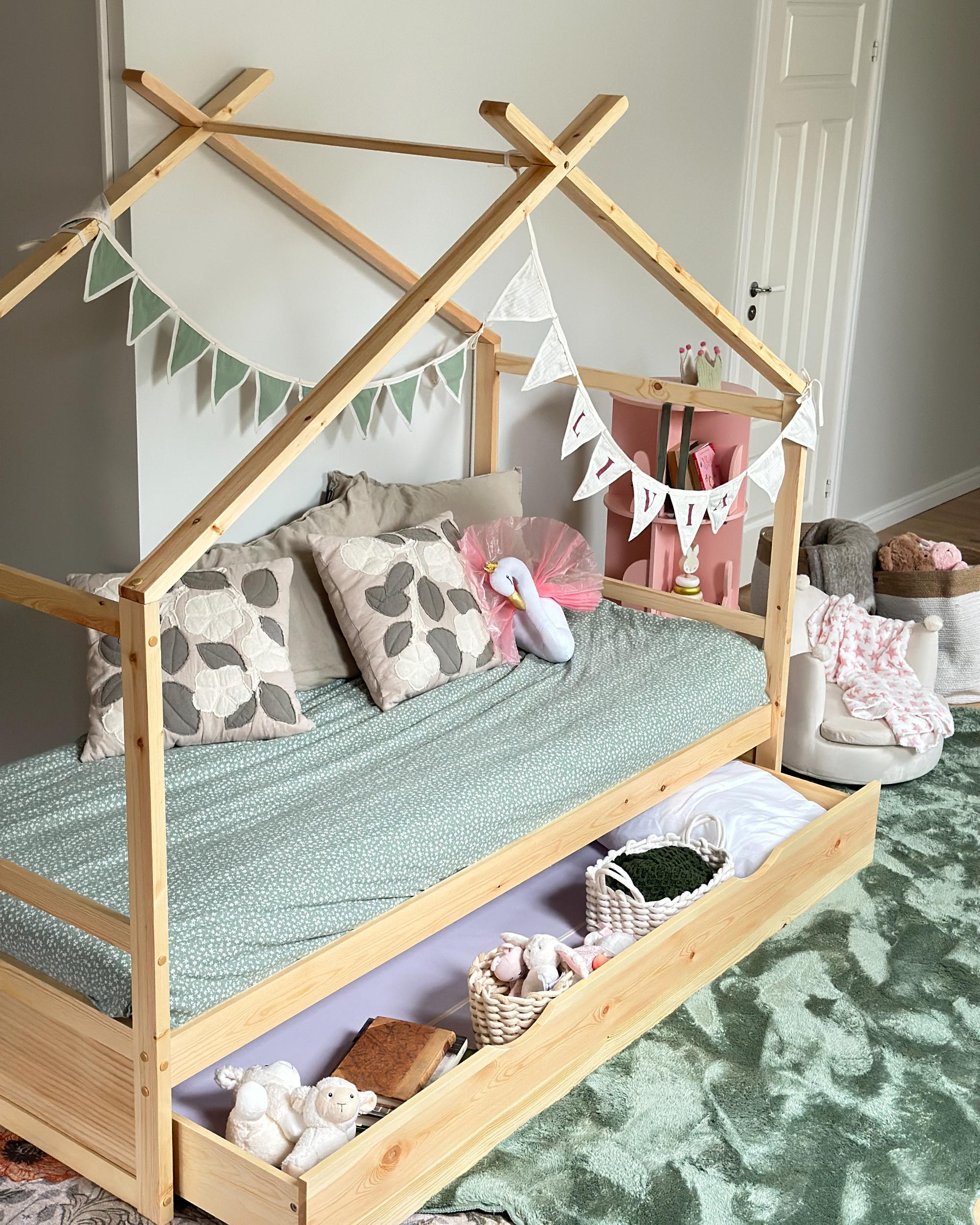 Kinderbed Huis Dennenhout ORGEVAL 90 x 200 cm met opbergruimte Lichtbruin