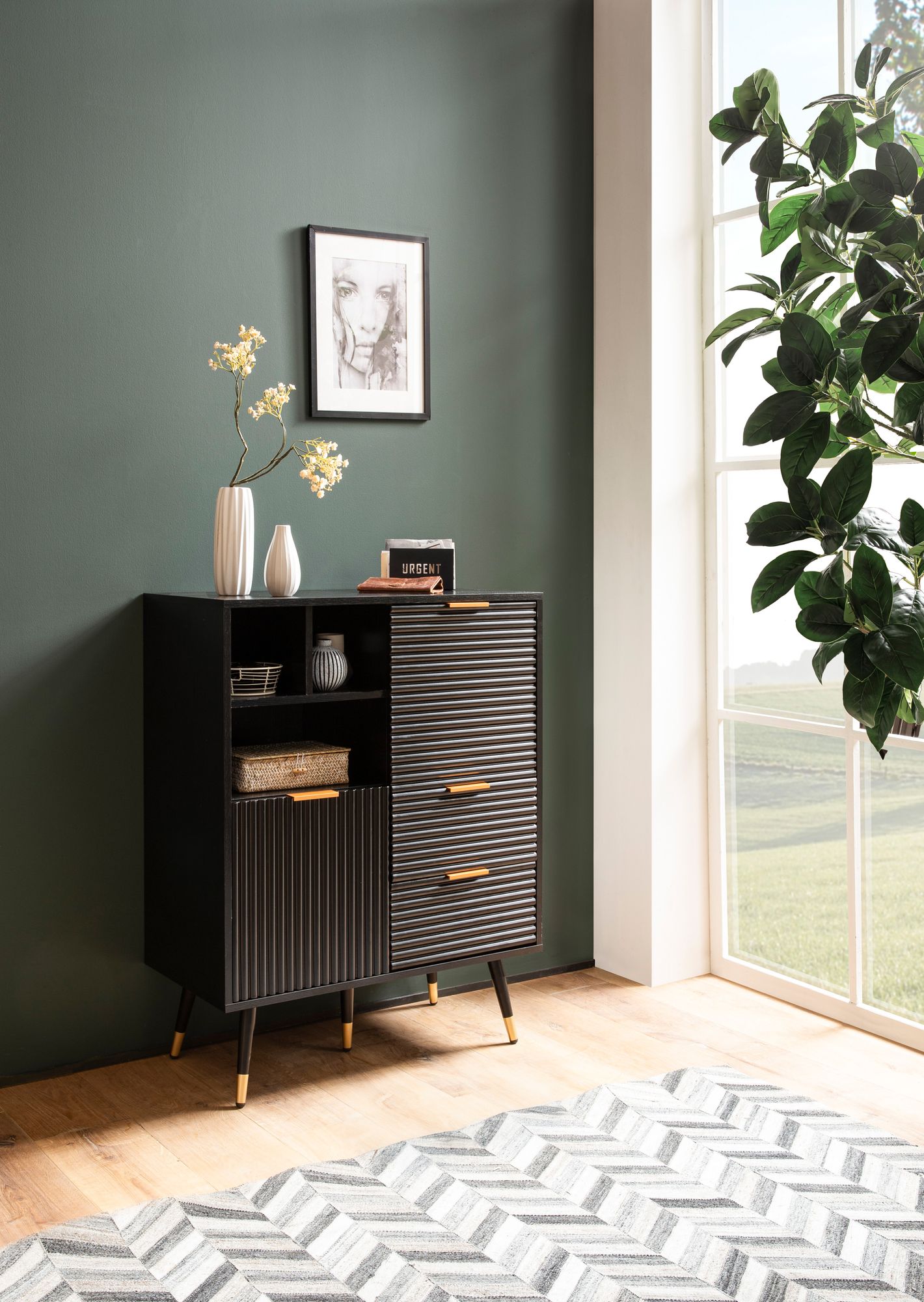 Sideboard FineBuy Kommode Schwarz Eiche Dekor Anrichte Standschrank mit Regal