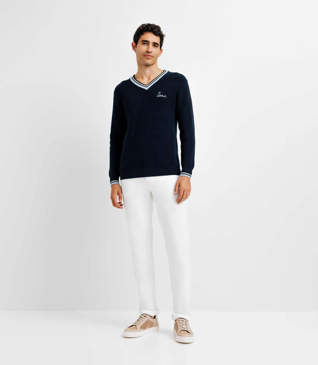 Pull col V brodé marine