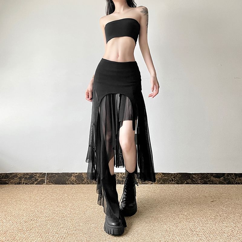 Sugarcoat - A-lijn rok met effen, asymmetrische panelen en mesh, middelhoge taille