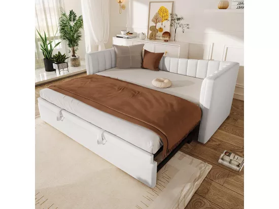 Lit gigogne Lit de jour 90x200 cm (180x200 cm) lit simple lit double avec sommier velours style minimaliste Blanc