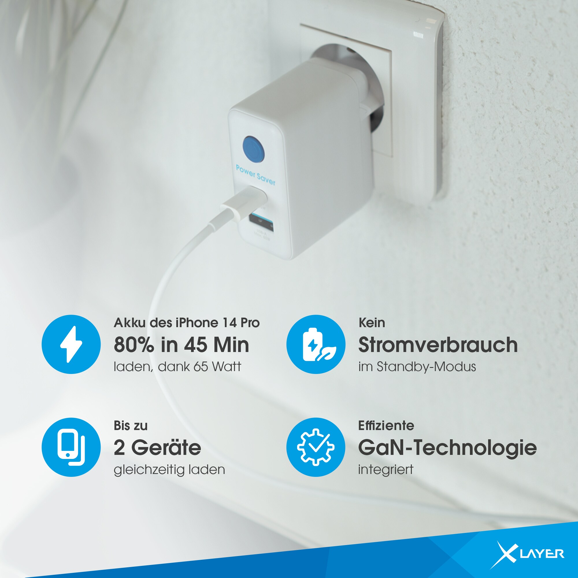 Xlayer Power Saver USB-C Schnellladegerät I 65W PD I Strom-Stopp-Funktion
