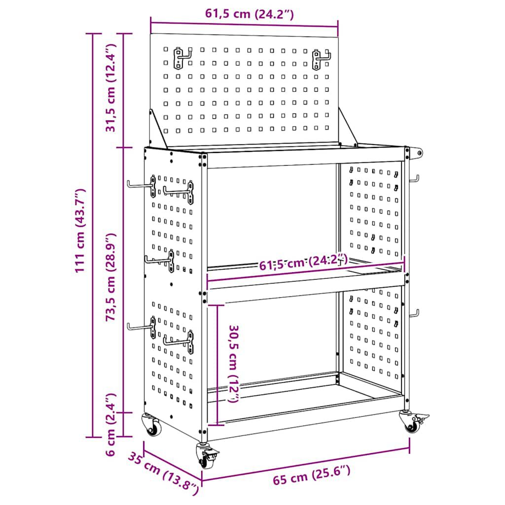 vidaXL Gereedschapswagen met plank en wiel olijfgroen 65 x 35 x 111 cm