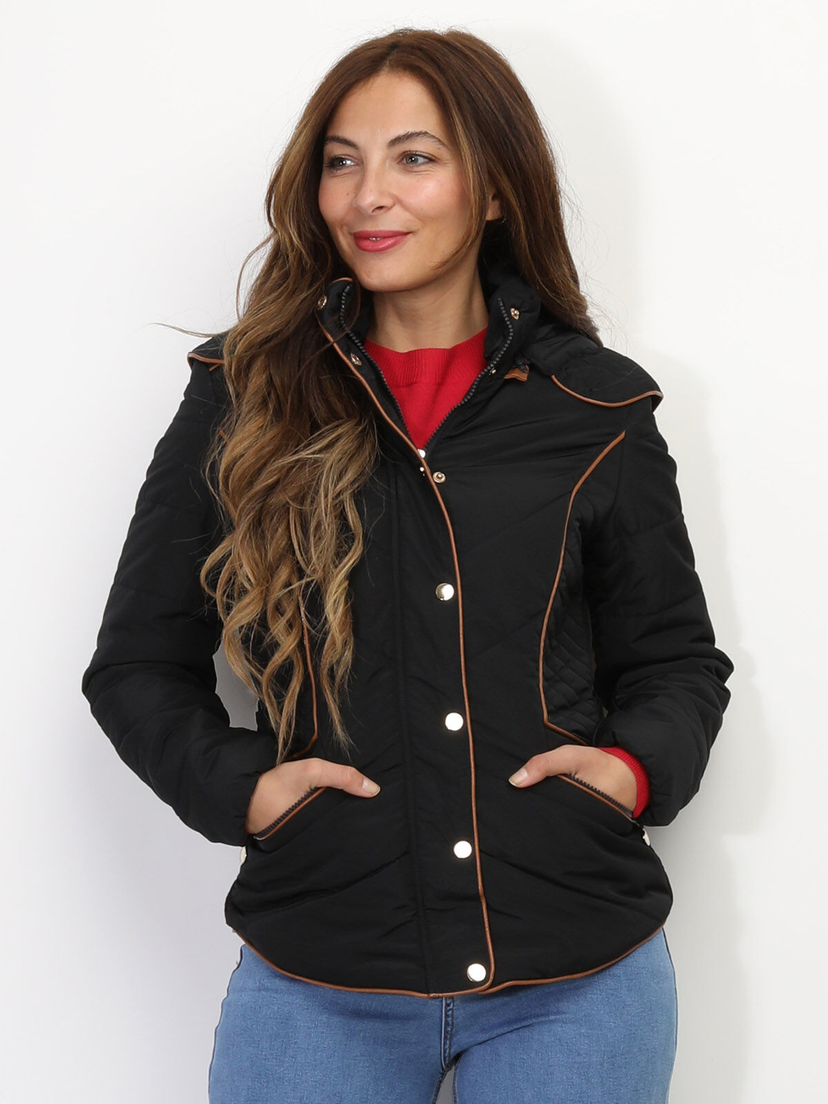 Manteau bi-matière cintré à capuche- Noir