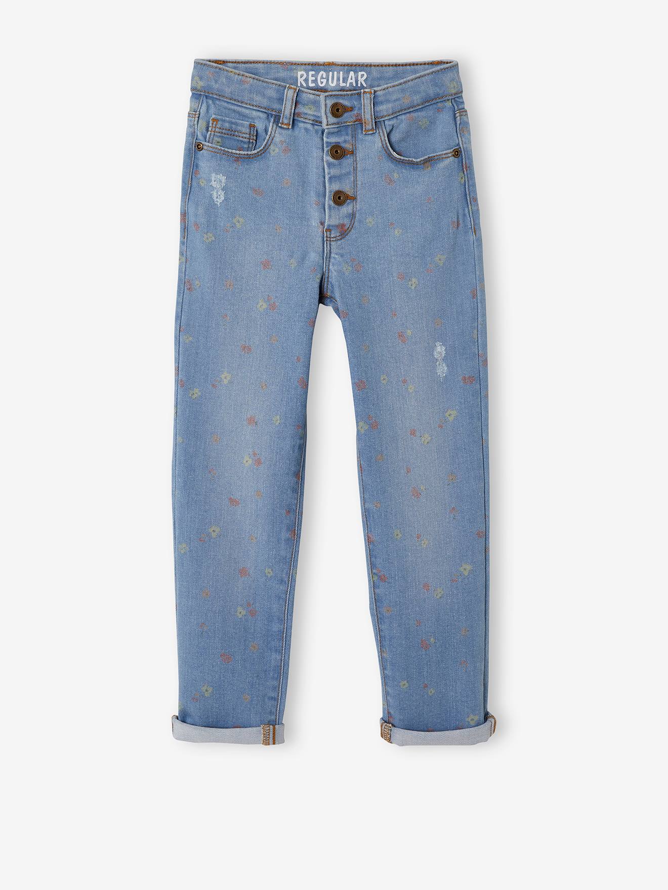 Calça jeans reta com detalhes desgastados, para menina, lavagem azul média