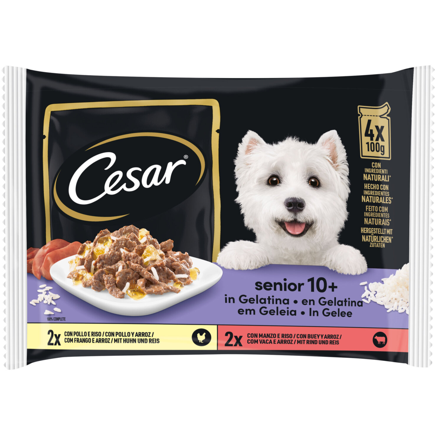 Cesar Senior Hundefutter in Gelee Huhn & Rind assortiert 4x100g