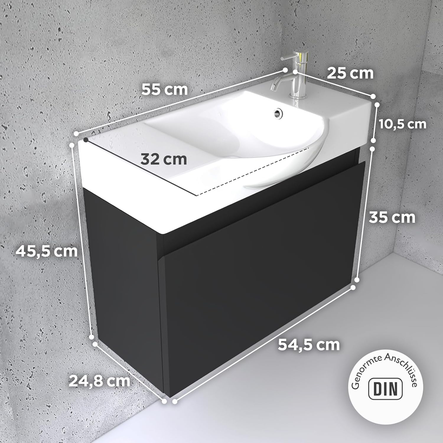 Alpenberger Badmöbel Set | Waschbecken mit Unterschrank 55 cm Breit | Badezimmerschrank Badschrank Schmal | Badezimmermöbel Waschtisch | Schrank Klein | Waschbeckenunterschrank Schwarz