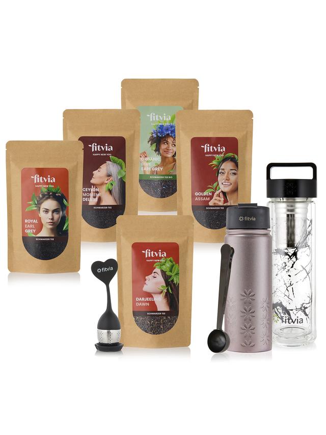 Schwarzer Tee Set mit 5 verschiedenen Teesorten, 2 Flaschen, Tee-Ei & Teelöffel, 9-teilig