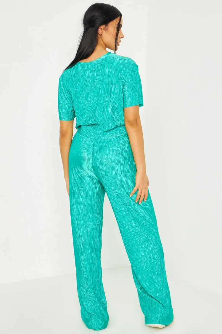 Ensemble crop top + pantalon texturés vert