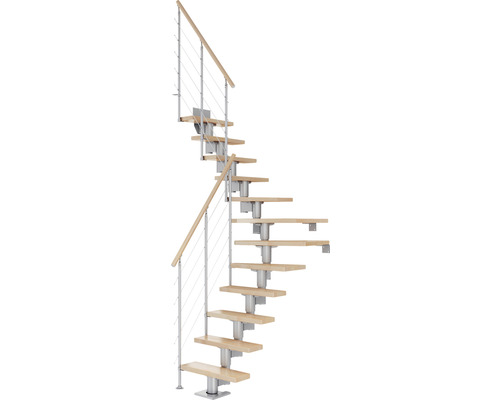Pertura Spiros middentrap, parelgrijs, kwartslag, links/rechts onder, leuning 75 cm, beuken gelamineerd hout, gelakt, 11 treden / 12 stootborden
