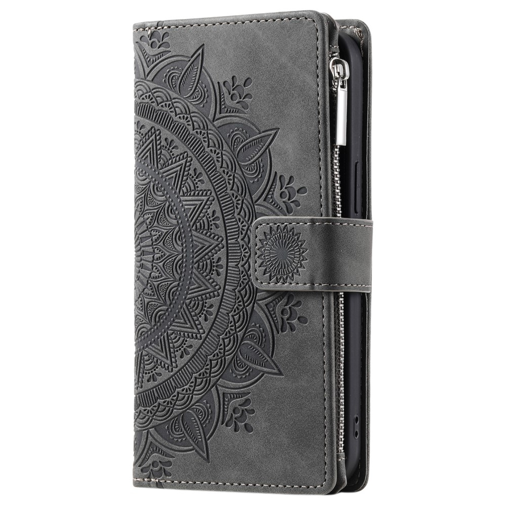 iPhone 16 Pro Max Leder Tasche Flip Cover mit Reissverschluss - Mandala Flowers Imprint - Grau
