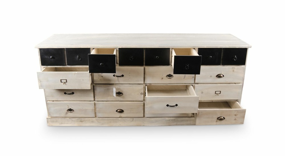 Bahut 20 tiroirs bois blanc cérusé 199x55x85cm