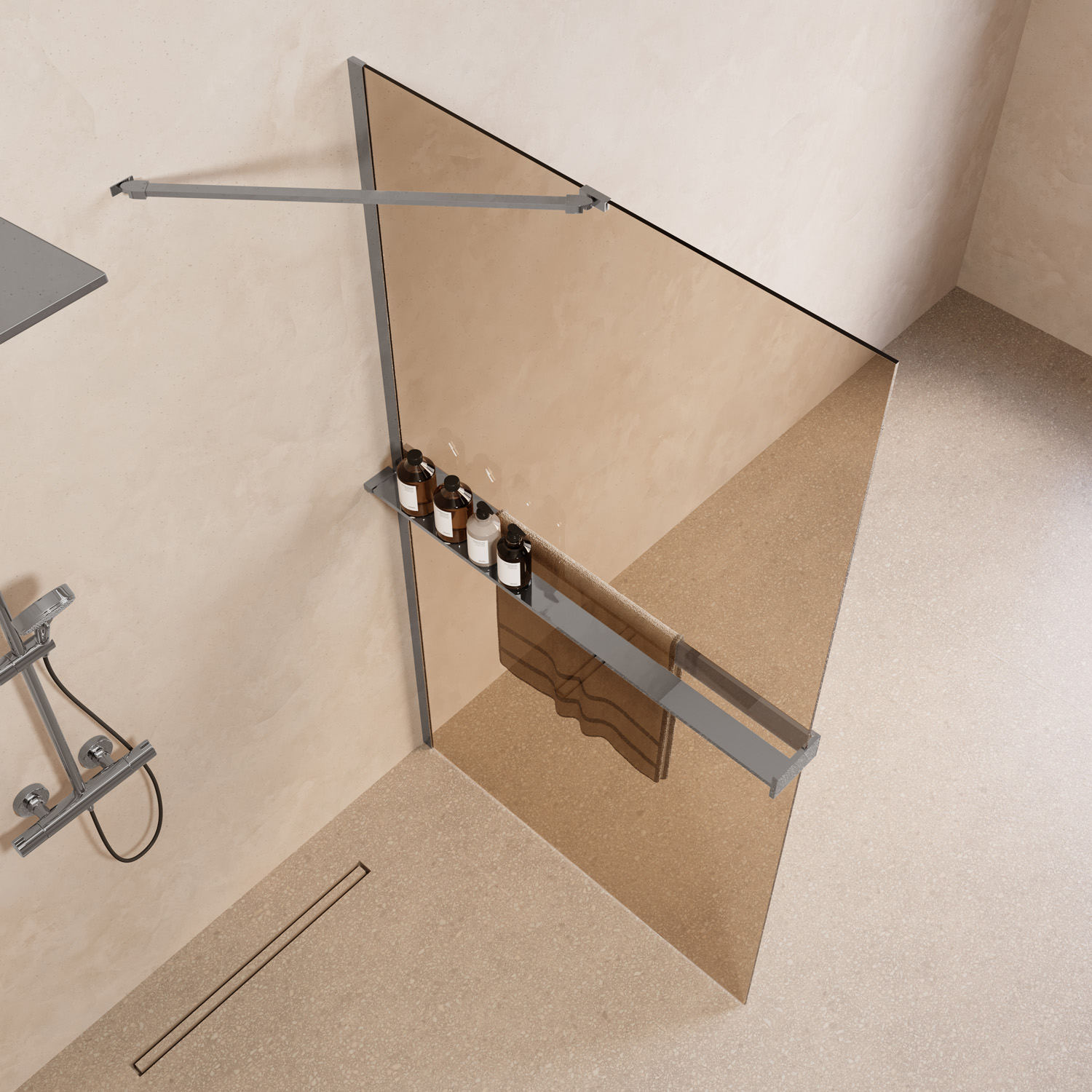 Saniclear Oblique inloopdouche 100cm met handdoekhouder en bronsglas chroom