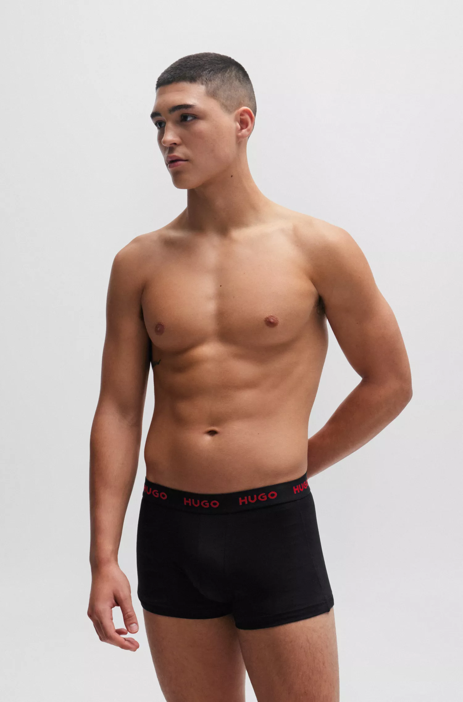 HUGO Vermelho - Pacote triplo de cuecas boxer de algodão elástico com cós com o logotipo.