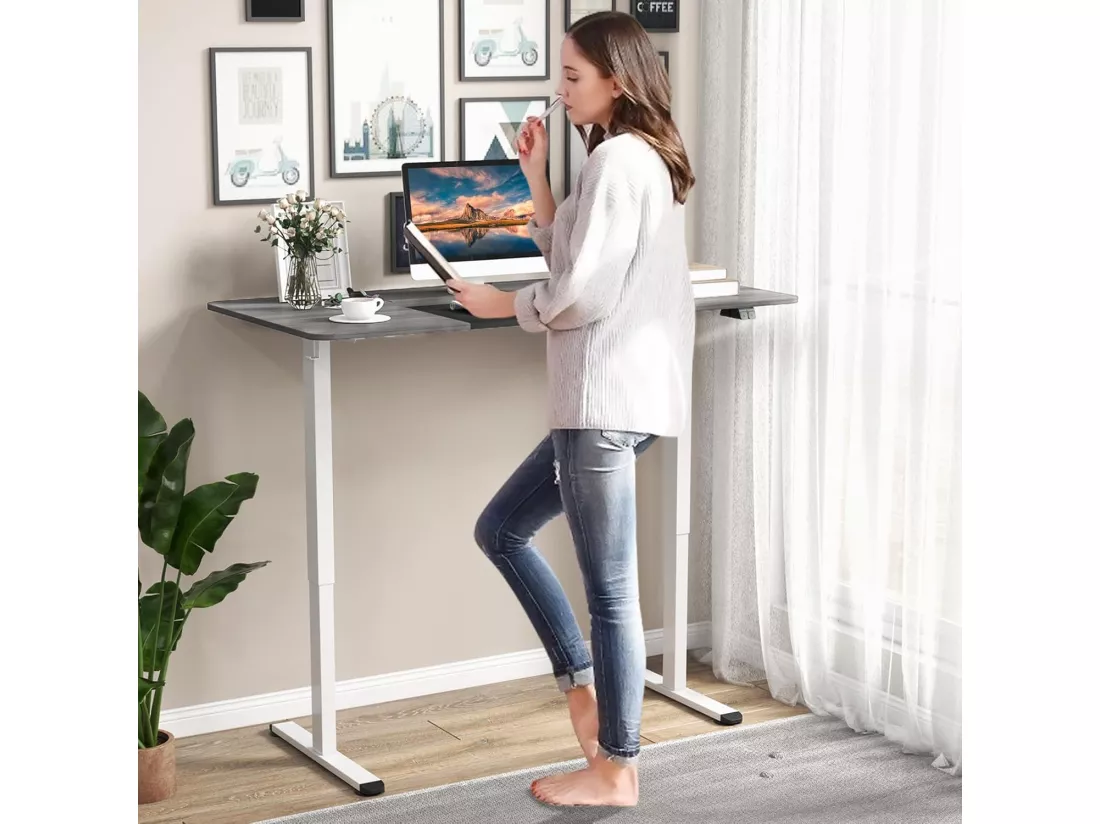 Bureau Assis Debout 70 x 140 cm, Bureau Électrique Réglable en Hauteur avec Mono-Moteur et Panneau à 2 Boutons, Table Réglable Hauteur, Support de Câble, Crochet (Gris Foncé)