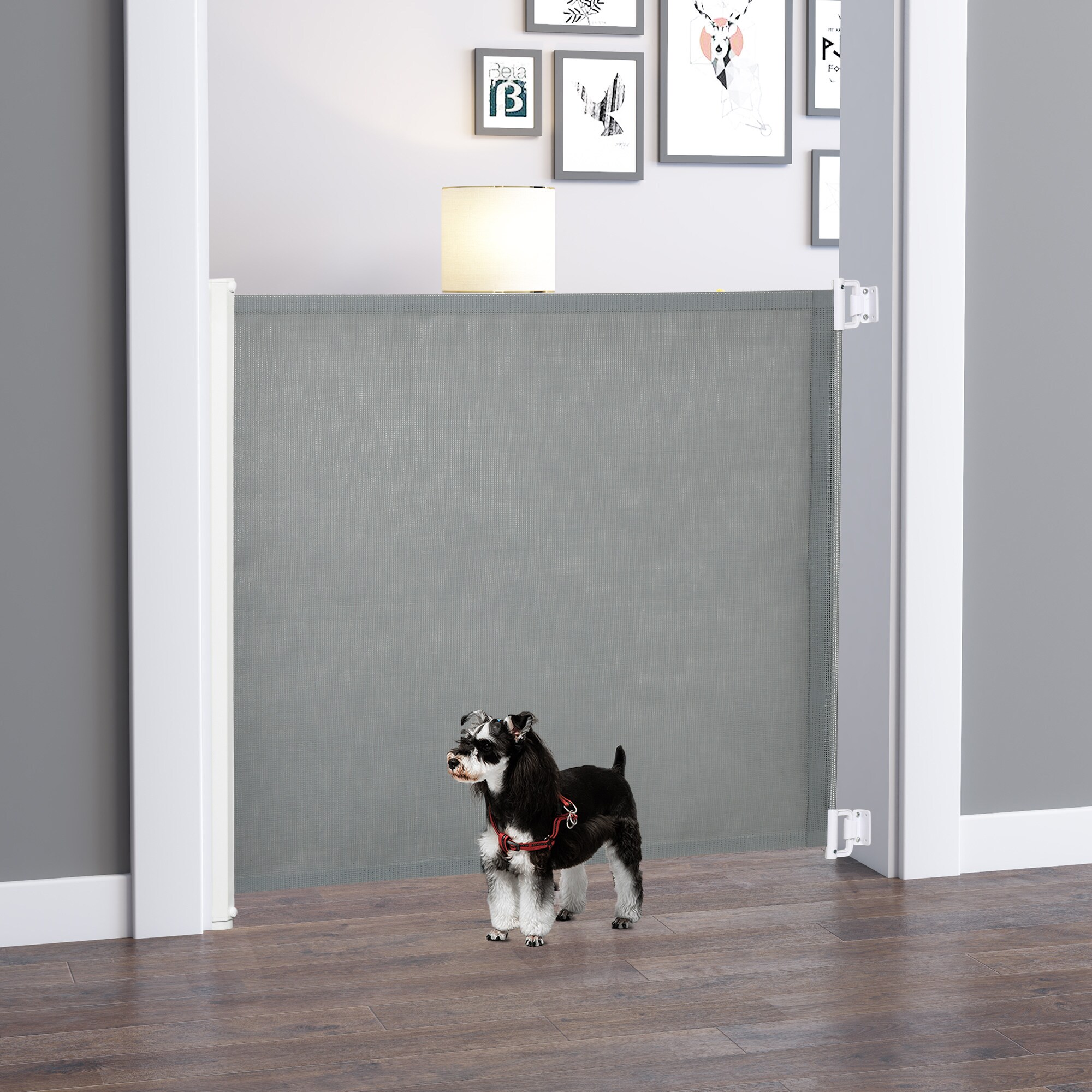 PawHut Hunde-Trennwand mit automatischer Aufrollenfunktion grau 5,5–115L x 5,5B x 82,5H cm