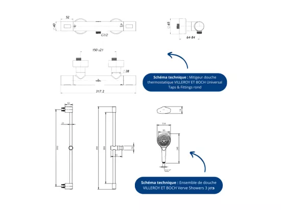 Mitigeur douche thermostatique VILLEROY ET BOCH Universal rond + Ensemble de douche Verve Showers 3 jets Or brossé