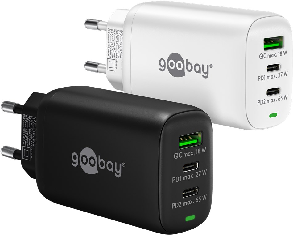 (65W/3A) USB A / 2x USB C GaN Ladegerät Netzteil Power Delivery / Quick Charge (65408) - Weiss