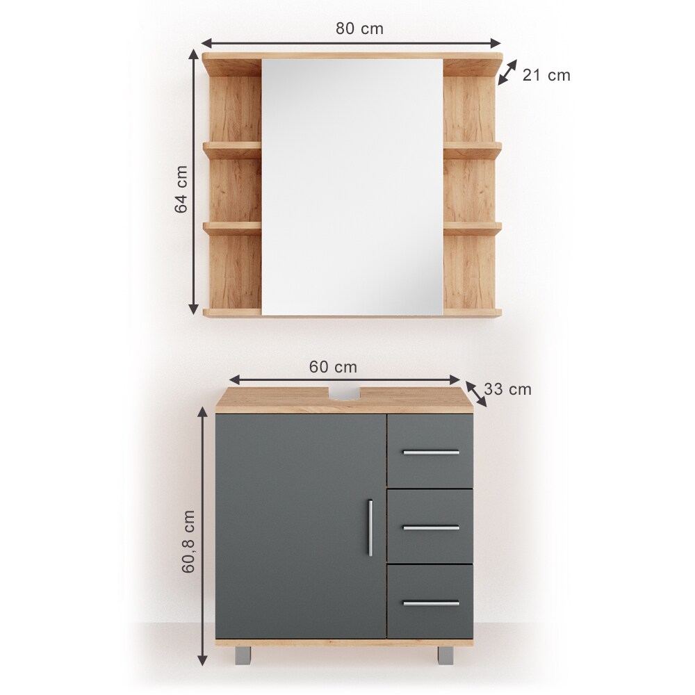 VICCO Badmöbel Set ILIAS Eiche Anthrazit Bad Spiegel Unterschrank Badschrank