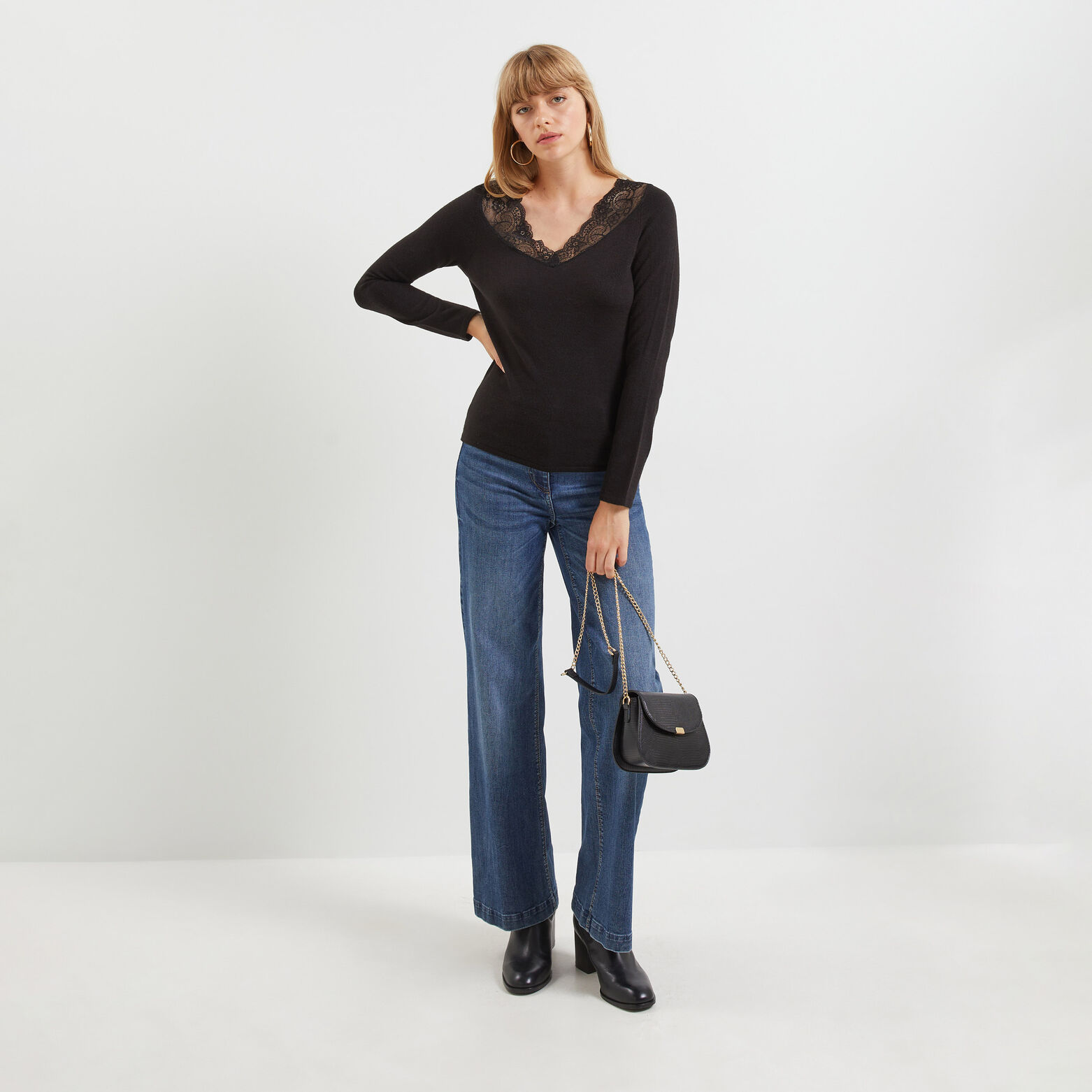 Pull col V dentelle femme