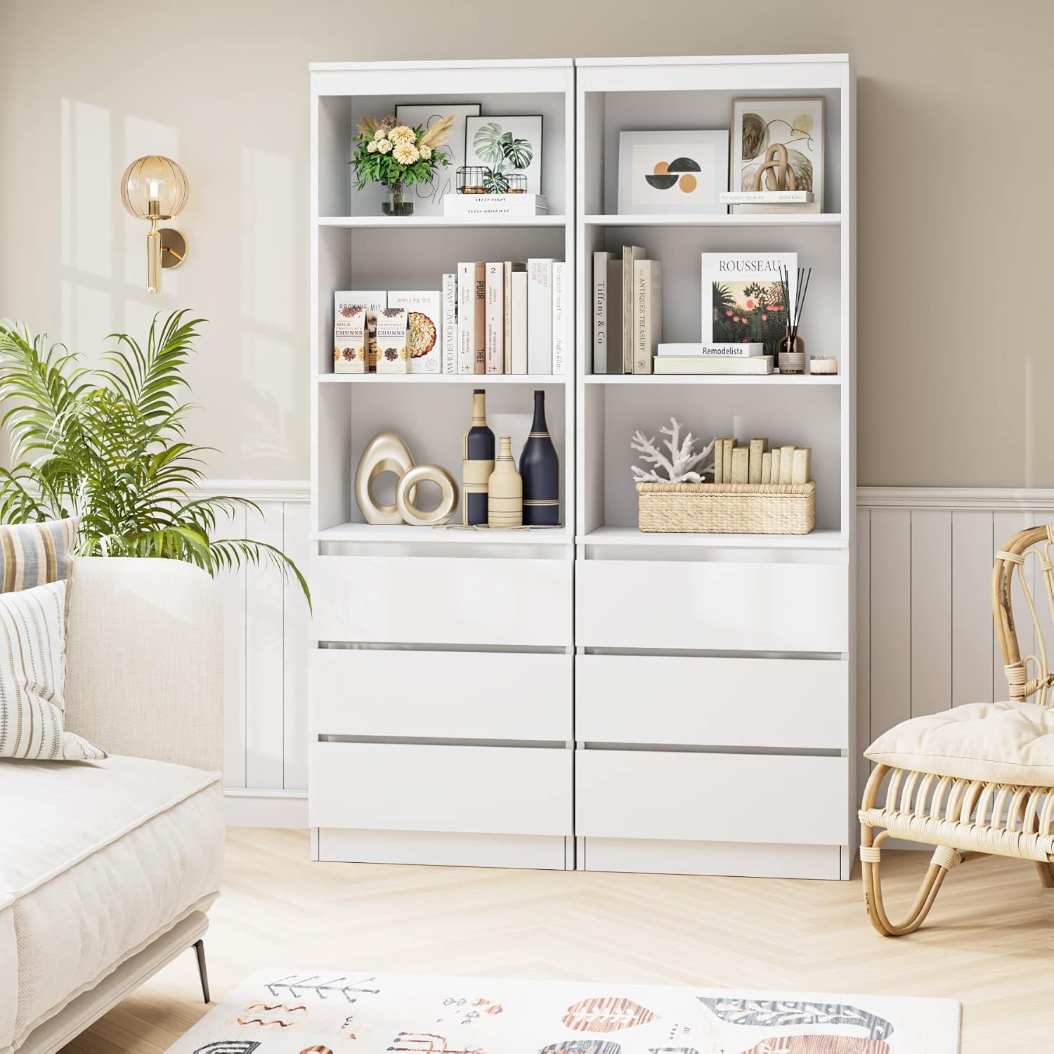 FirFurd Bücherregal mit 3 Schubladen 3 Fächern 180 cm Hochschrank Bücherschrank Vitrinenschrank Mehrzweckschrank für Wohnzimmer Büro Küche 60 x 35 x 180 cm Weiß