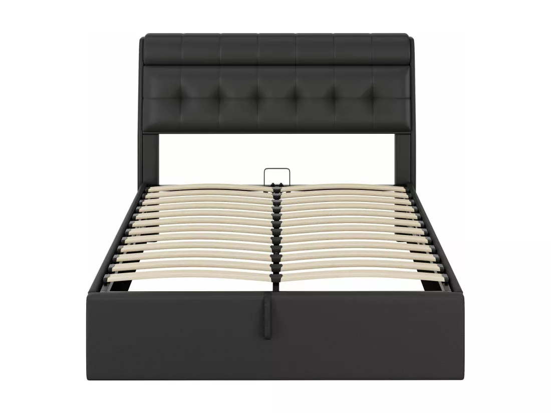 Lit capitonné hydraulique 140x190, rangement dissimulé à la tête de lit, rangement du coffre de lit avec sommier à lattes et tête de lit, noir